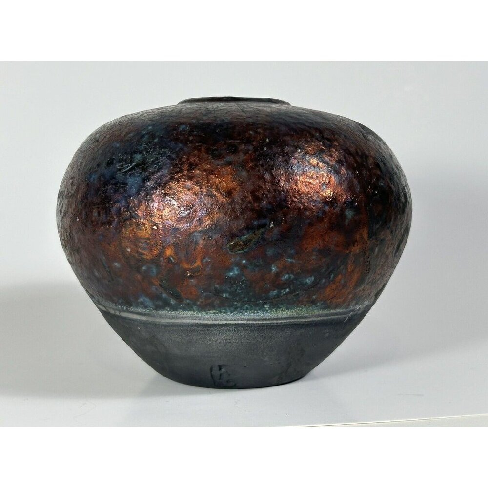 Modernist Raku Pottery Bulbous Vase Signed & Incised Heather Cairns